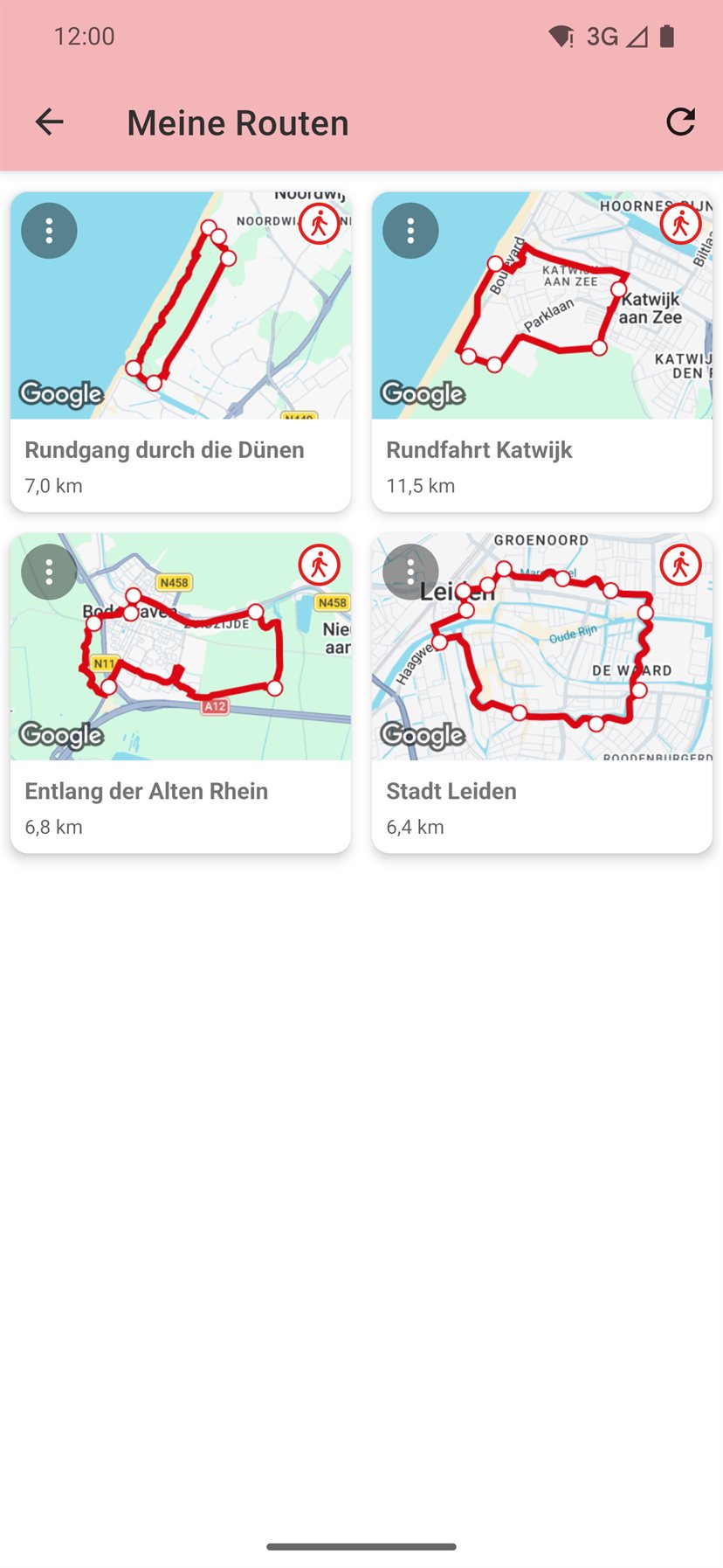 Meine Routen: eigene gespeicherte Routen als Kacheln