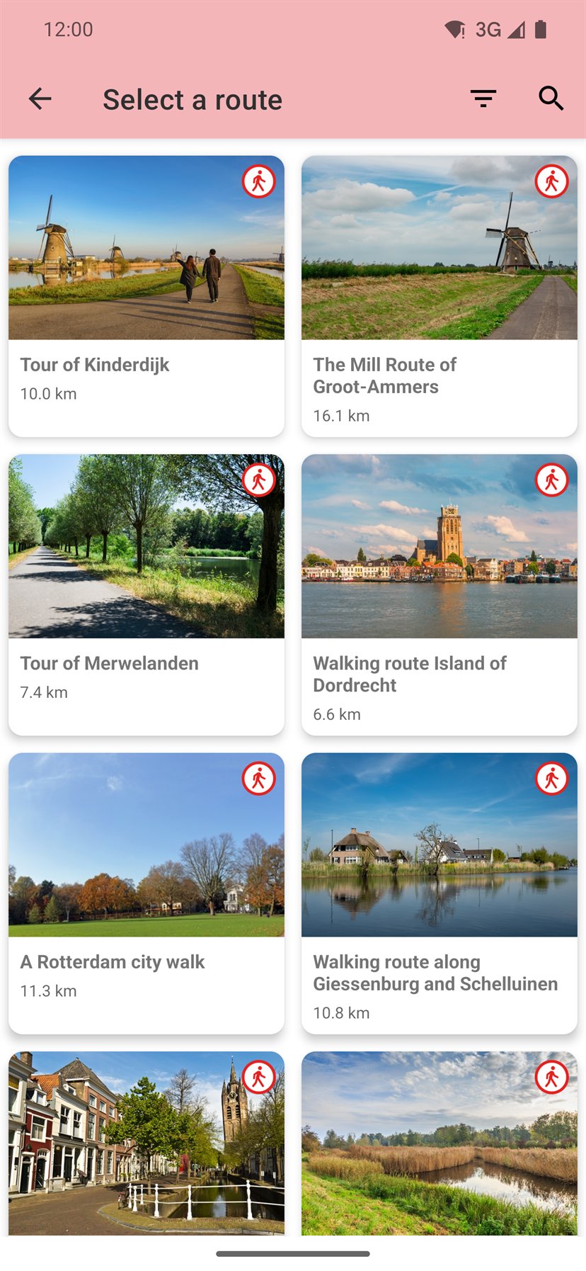 Overview of ready-made routes as tiles with photos