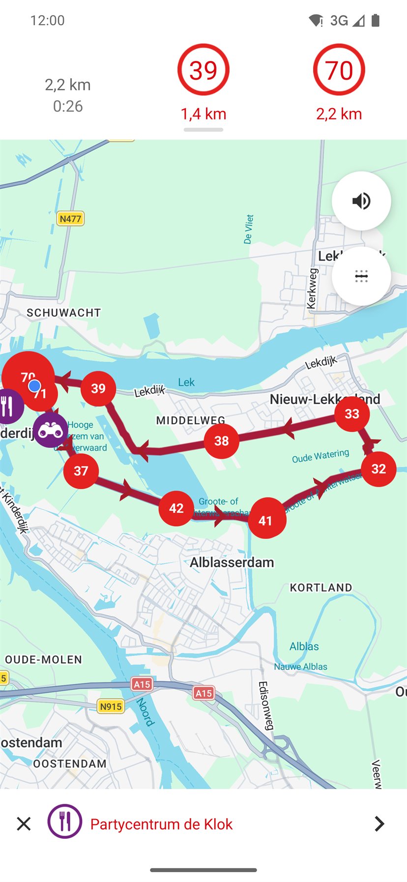 Navigatiescherm van de app onderweg