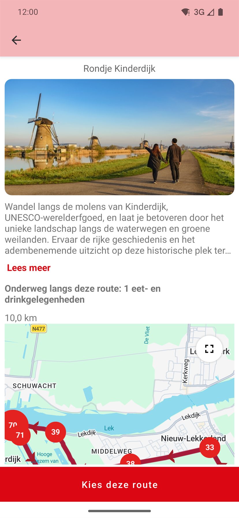 Detailscherm van een route in de app